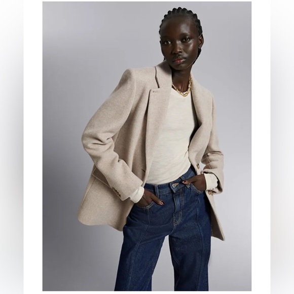 NWT, & Other Stories Cult Oversized beige Wool Single Breasted Blazer, Size 10 - Picture 3 of 14